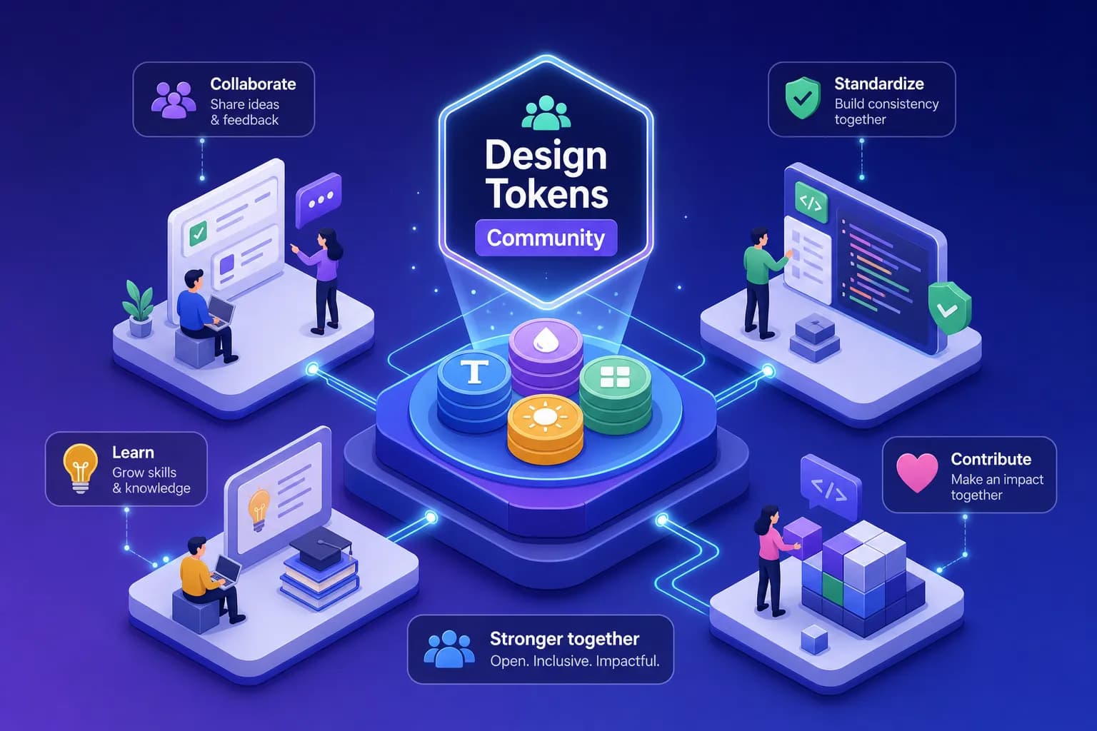 Isometric illustration of people collaborating around a Design Tokens Community badge above stacks of coloured token discs