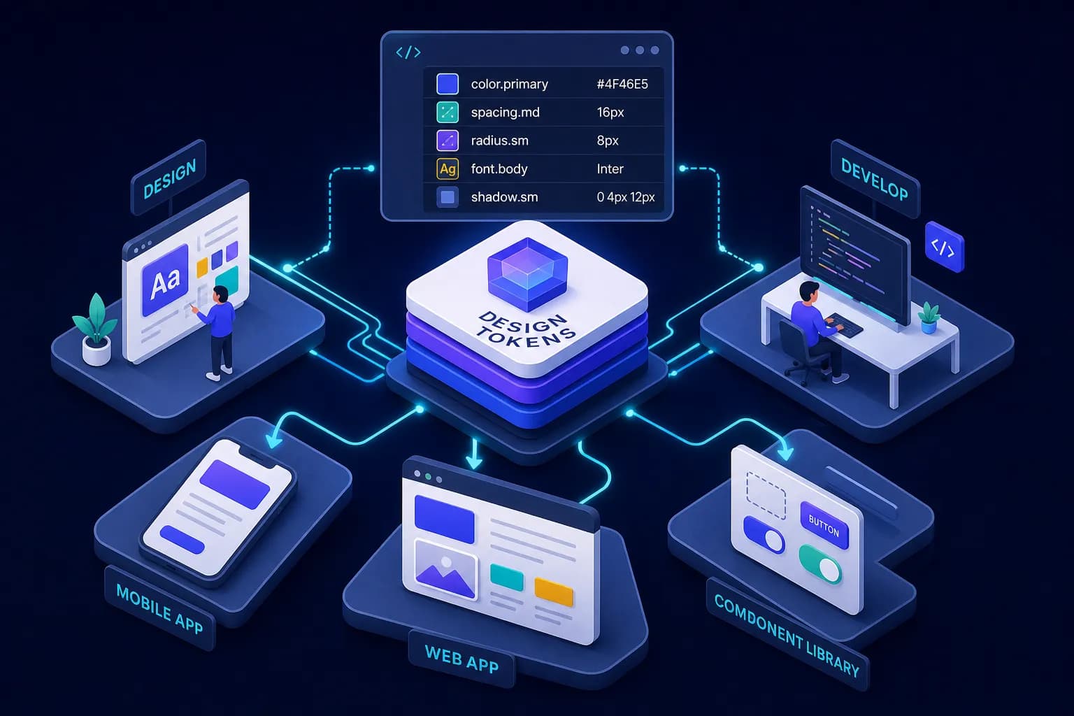 Isometric diagram of a central design token store feeding a mobile app, a web app and a component library, beside a token list of colour, spacing, radius, font and shadow entries