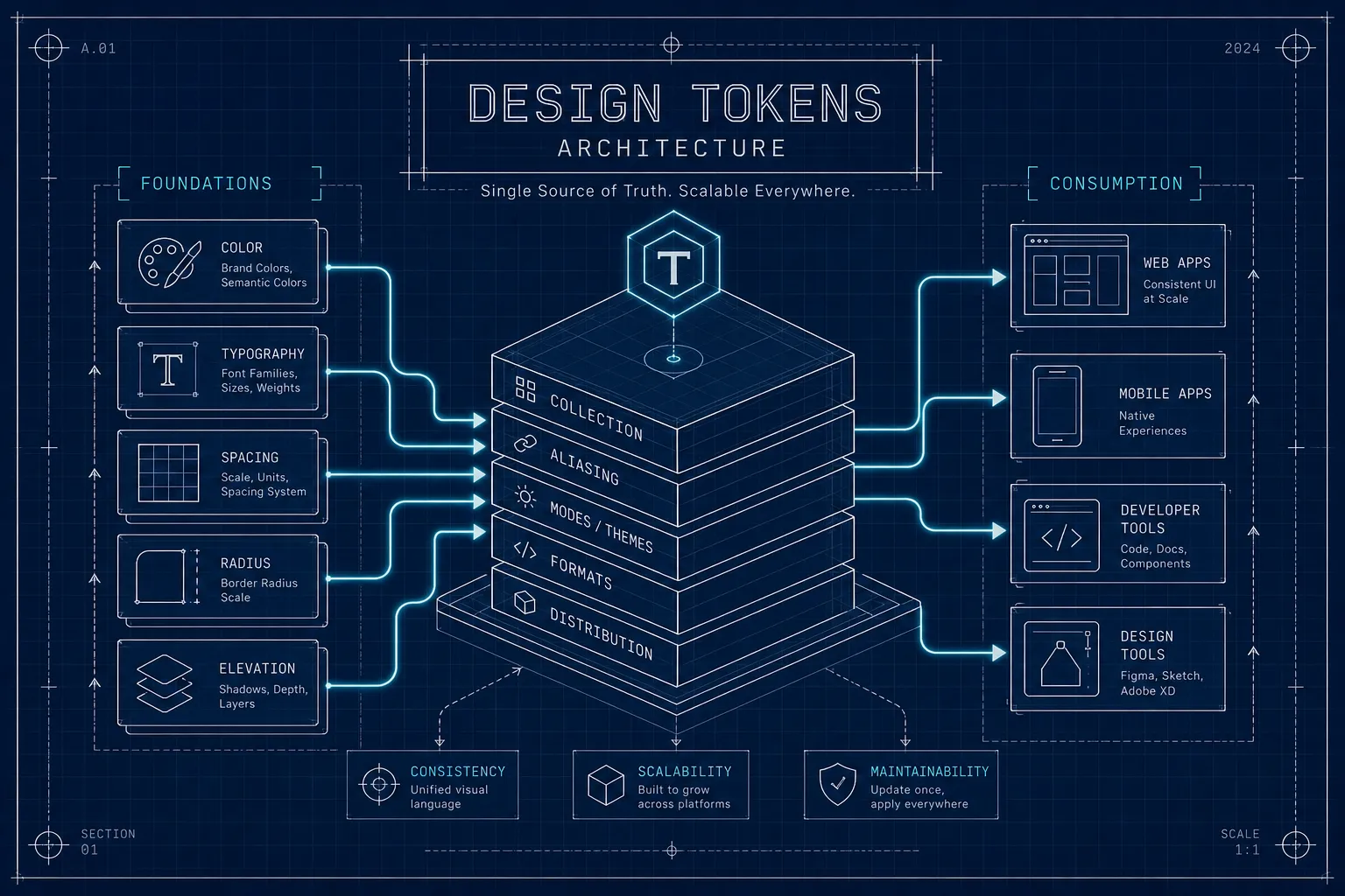 Blueprint-style diagram in which colour, typography, spacing, radius and elevation feed a layered token stack that outputs to web apps, mobile apps, developer tools and design tools